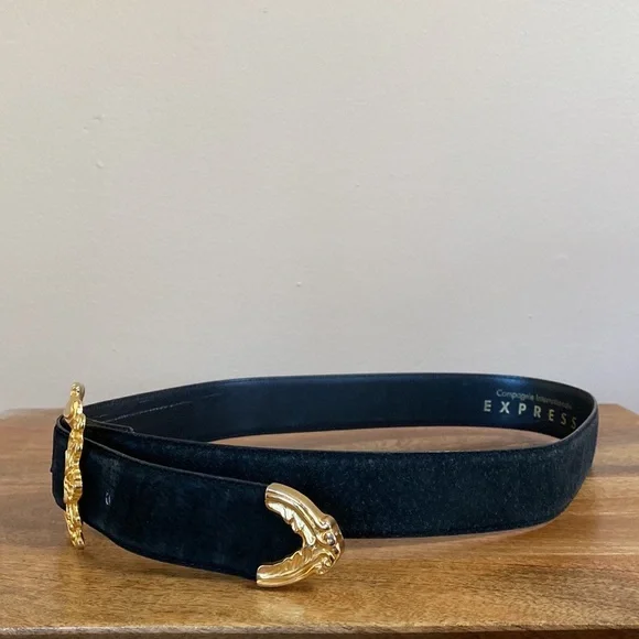VTG 90’s Express Black Suede Leather Victorian Goth Gold Rocco Belt - Picture 4 of 14